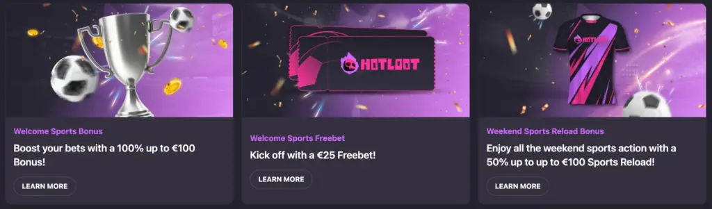 Some of the sports bonuses available at HotLoot Casino are being displayed on their website.