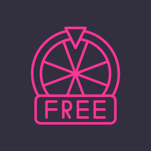  A pink free spins logo on a grey background.