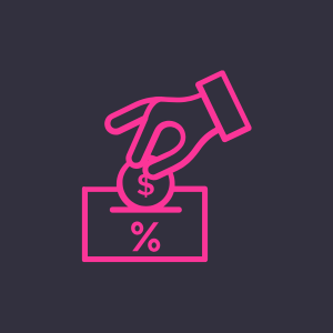 A hand depositing a coin into a box with a percentage symbol.