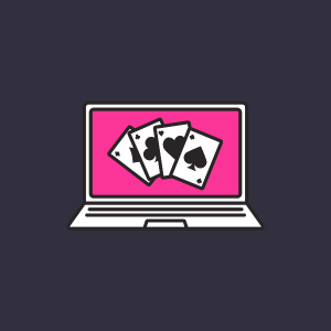 A laptop showing three playing cards.