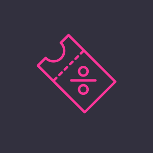 A pink promo code ticket on a gray background.