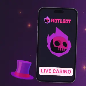 The pink HotLoot Casino logo on a mobile phone along with a pink skull logo with a subtext saying “Live Casino”.